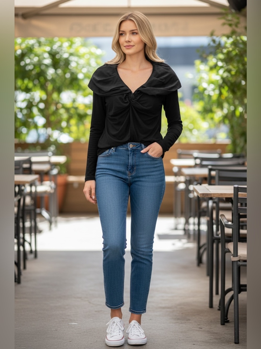 CAbi Black Draped Collar Twist-Front Long Sleeve Top size Large